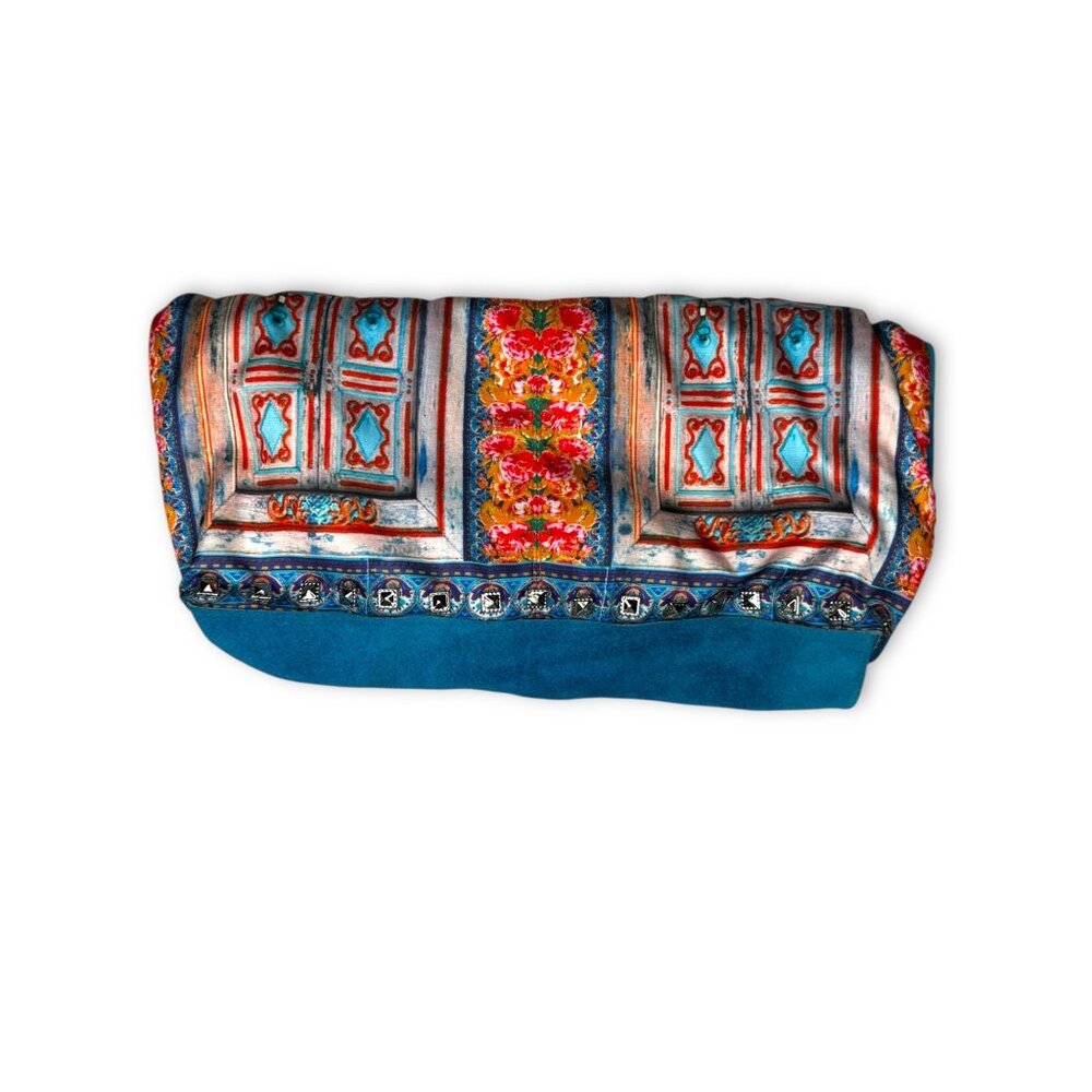 Khaadi Teal Leather Fold Over Bag Floral Lined Magnetic Closure Boho Modern